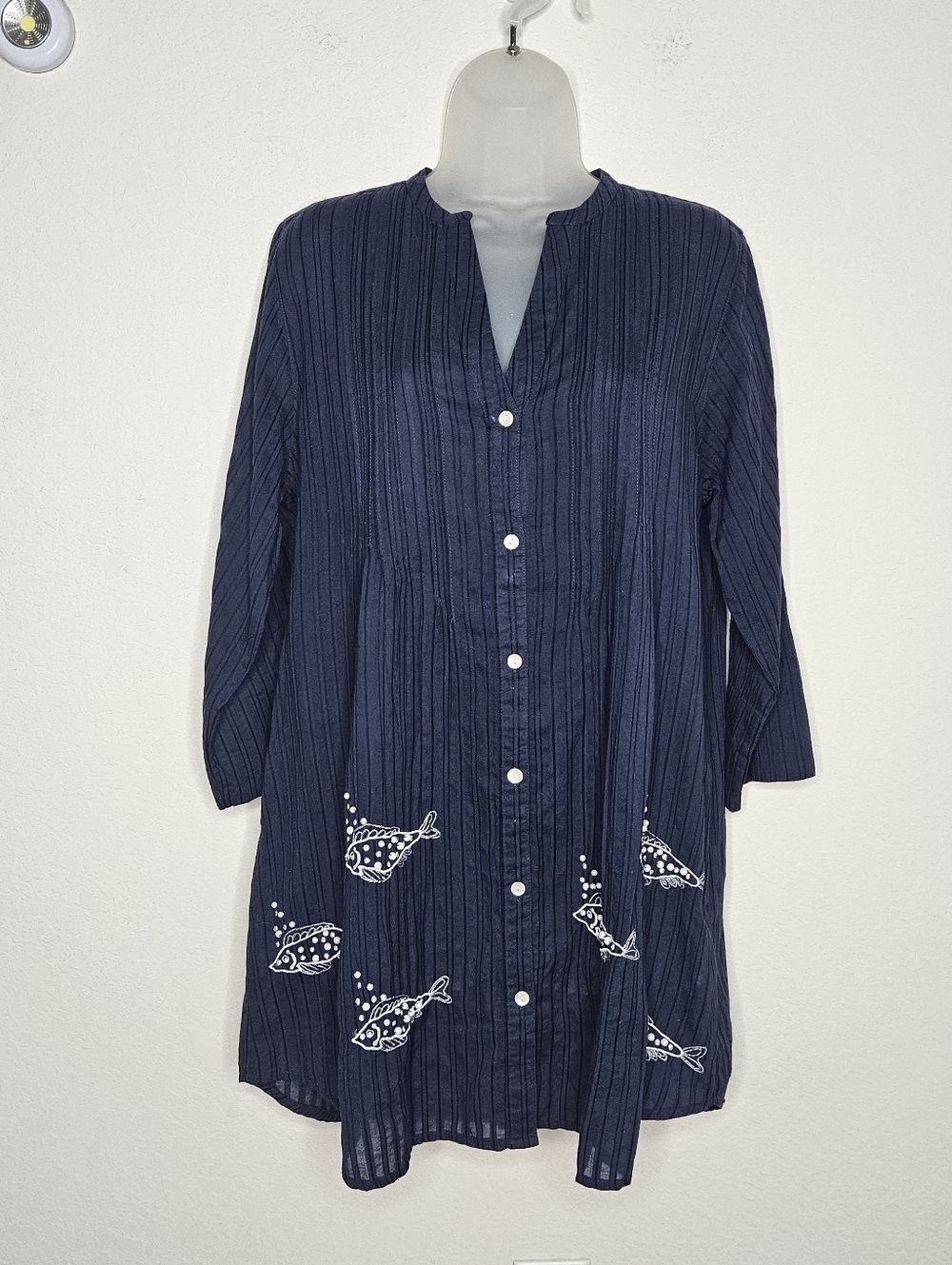 Soft Surroundings Blue Fish Embroidered Tunic Top Medium Cotton Rayon Beachy Boh